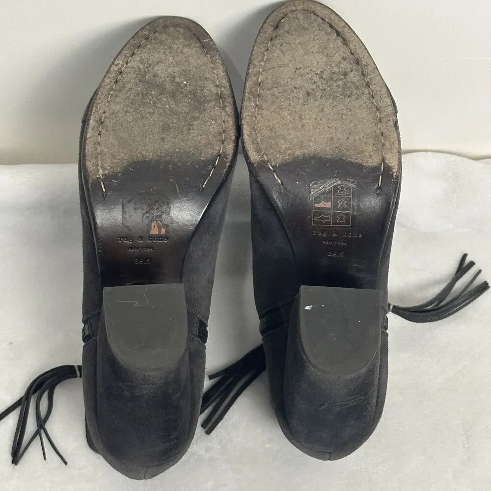 Rag & Bone Margot Ankle Booties Asphalt Grey Suede Fringe Block Heel Boho Casual
